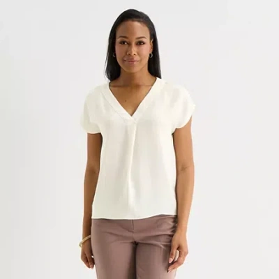 Liz Claiborne Womens V Neck Short Sleeve Satin Blouse In White