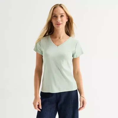 Liz Claiborne Womens V Neck Short Sleeve T-shirt In Green