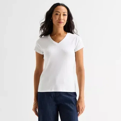 Liz Claiborne Womens V Neck Short Sleeve T-shirt In White