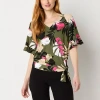 Liz Claiborne Womens V Neck Short Sleeve Wrap Shirt In Green