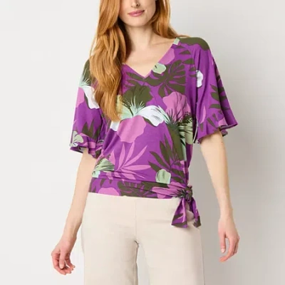Liz Claiborne Womens V Neck Short Sleeve Wrap Shirt In Purple