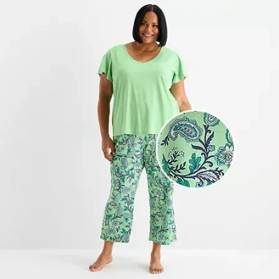 Liz Claiborne Womens V-neck Short Sleeve 2-pc. Pajama Set In Green
