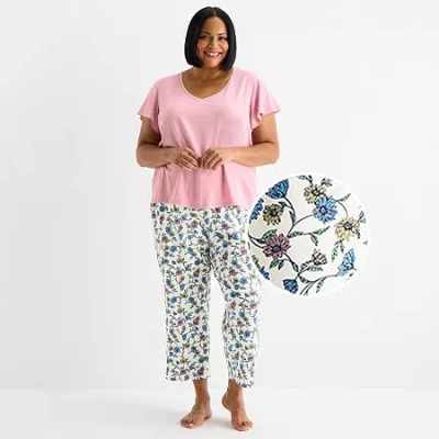 Liz Claiborne Womens V-neck Short Sleeve 2-pc. Pajama Set In Multi
