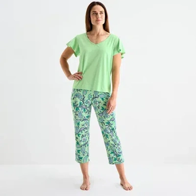 Liz Claiborne Womens V-neck Short Sleeve 2-pc. Pajama Sets In Green
