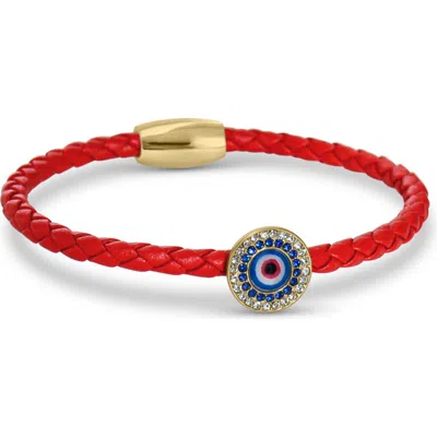 Liza Schwartz Cz Evil Eye Coin Braided Leather Bracelet In Gold/red