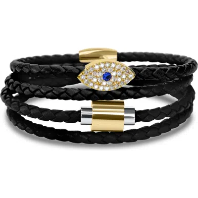 Liza Schwartz Evil Eye Sapphire Stack Braided Leather Bracelet In Gold/black