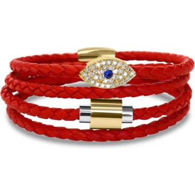 Liza Schwartz Evil Eye Sapphire Stack Braided Leather Bracelet In Gold/red