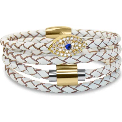 Liza Schwartz Evil Eye Sapphire Stack Braided Leather Bracelet In Gold/white