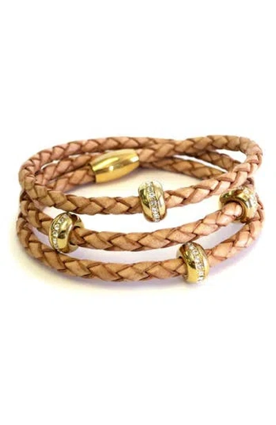 Liza Schwartz Good Karma Leather & Cz Triple Wrap Bracelet In Gold