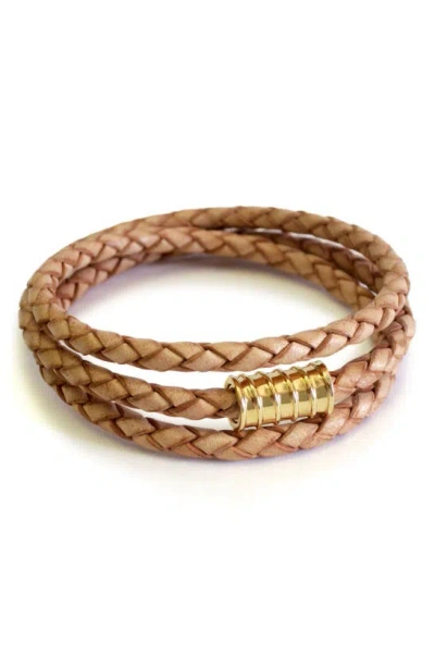 Liza Schwartz Triple Braided Leather Bracelet In Gold/ Camel