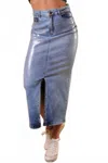 Lizette Collection Metallic Denim Midi Skirt In Blue In Blue
