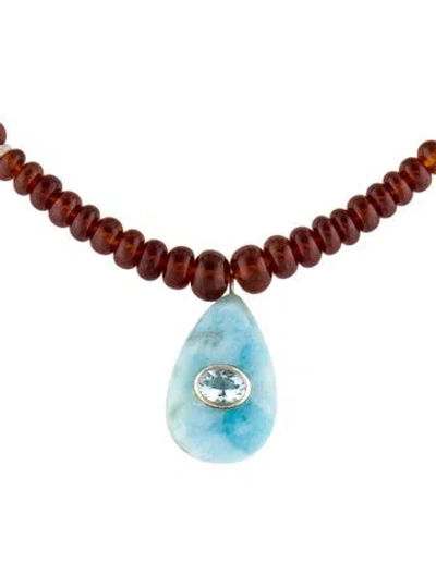 Pre-owned Lizzie Fortunato Aquamarine, Garnet & Larimar Bead Pendant Necklace, 16.5" In Multi