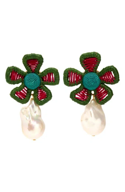 Lizzie Fortunato Crown Daisy Raffia & Baroque Pearl Drop Earrings In Green Multi