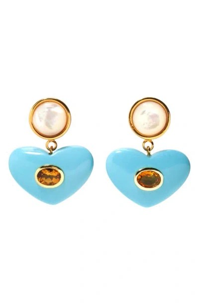 Lizzie Fortunato Enamored Imitation Pearl & Heart Drop Earrings In Turquoise