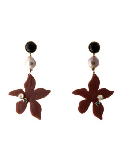 Pre-owned Lizzie Fortunato Floral Resin, Mother Of Pearl, Cultured Pearl & Onyx Portugal Poppy Earrings In Multi