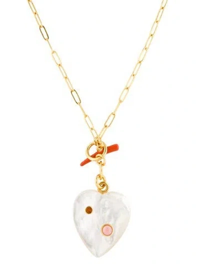 Pre-owned Lizzie Fortunato Mother Of Peal, Shell & Enamel Two Of Hearts Paperclip Pendant Necklace, 23.75" In Orange/pink