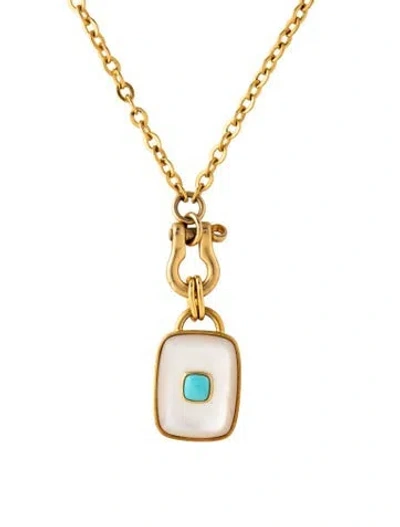 Pre-owned Lizzie Fortunato Mother Of Pearl Ancient City Pendant Necklace, 20" In Blue/white