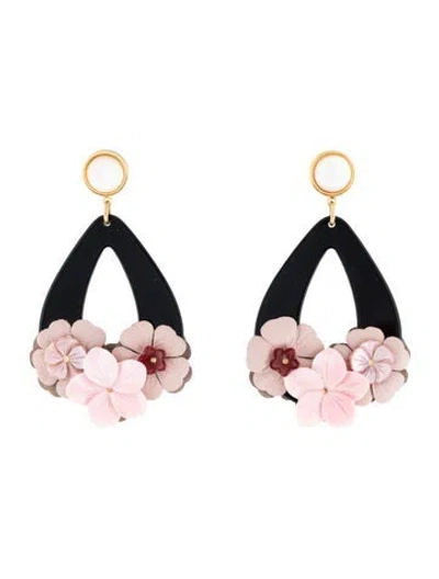 Pre-owned Lizzie Fortunato Mother Of Pearl, Shell, & Leather Jasmine Teardrop Earrings In Black/pink