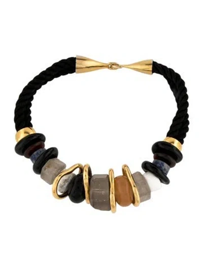 Pre-owned Lizzie Fortunato Multistone, Resin, Wood & Cord Collar Necklace, 17.75" In Black/blue/brown
