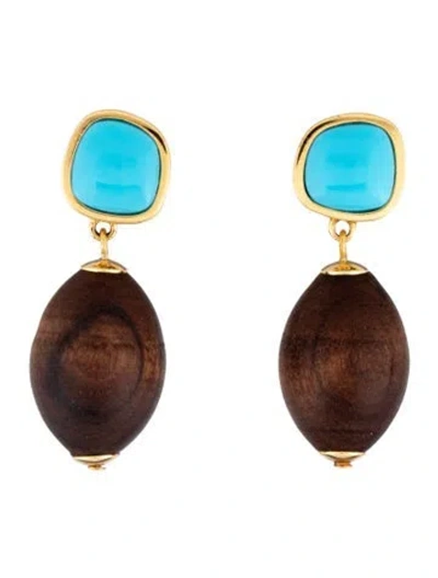 Pre-owned Lizzie Fortunato "olea" Wood Drop Earrings In Blue/brown