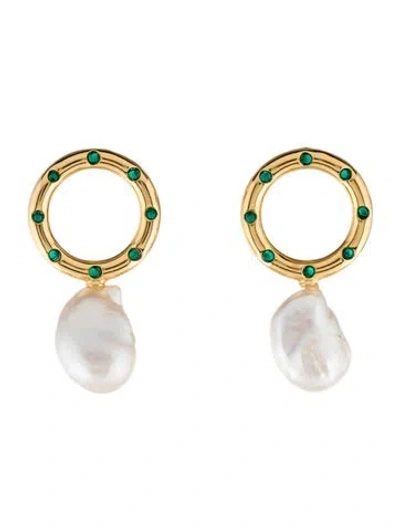 Pre-owned Lizzie Fortunato Pearl & Crystal Seaside Drop Earrings In Green