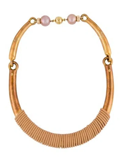 Pre-owned Lizzie Fortunato Pearl & Leather Collar Necklace, 14" In Neutral