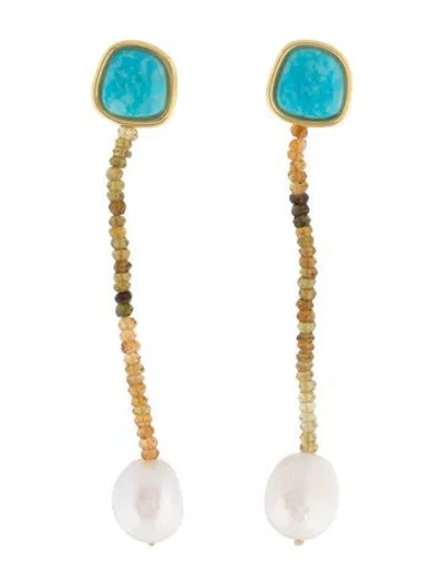 Pre-owned Lizzie Fortunato Pearl, Bead & Resin Drop Earrings In Blue/brown/neutrals