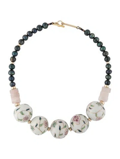 Pre-owned Lizzie Fortunato Pearl, Porcelain & Stone Collar Necklace, 21" In Blue/green/pink