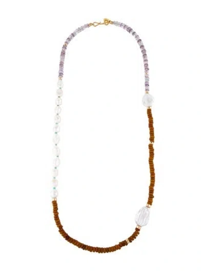 Pre-owned Lizzie Fortunato Pearl, Stone & Glass Bead Clement Bead Strand Necklace, 35" In Brown