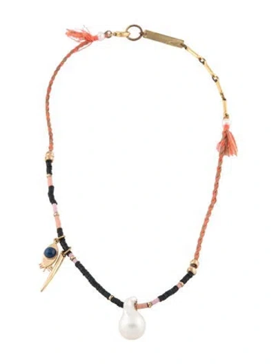 Pre-owned Lizzie Fortunato Pearl, Stone, Bead & Cord Pendant Necklace, 18.75" In Black/blue/brown