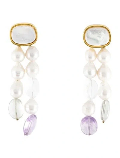 Pre-owned Lizzie Fortunato Stone, Mother Of Pearl, & Pearl Drop Earrings In White