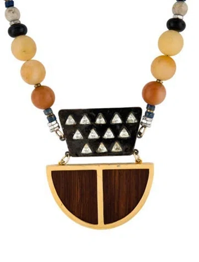 Pre-owned Lizzie Fortunato Wood, Crystal & Multicolor Stone Noble Surfer Ii Collar Necklace, 23"