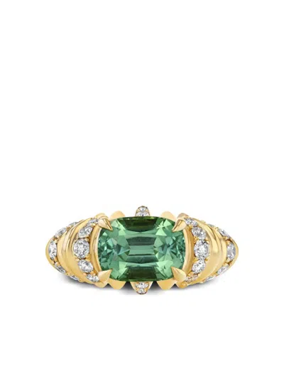LIZZIE MANDLER FINE JEWELRY 18KT YELLOW GOLD CRESCENT EMERALD AND DIAMOND RING