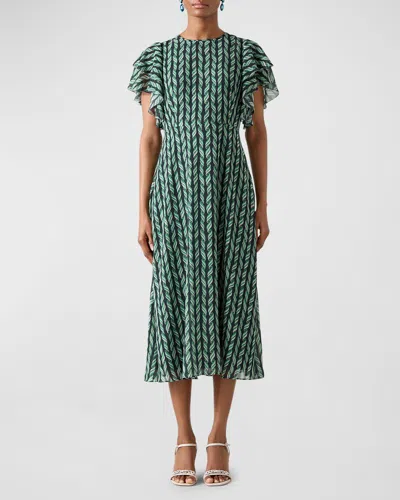 Lk Bennett Agnes Flutter-sleeve Georgette Midi Dress In Blue Multi