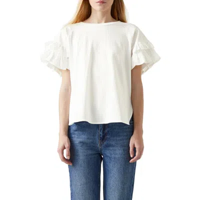 Lk Bennett Allie Ruffle Sleeve Organic Cotton Top In White