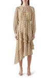 Lk Bennett Bea Print Ruffle Asymmetric Long Sleeve Silk Midi Dress In Rose