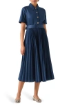 Lk Bennett Cally Pleated A-line Midi Shirtdress In Navy