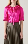Lk Bennett Womens Pin-bright Pink Coco Frill-neck Silk-satin Blouse In Magenta