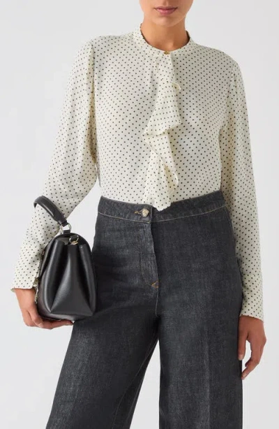Lk Bennett Cody Ruffle Polka Dot Button-up Shirt In Cream
