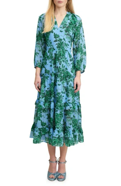 Lk Bennett Eleanor Print Long Sleeve Ruffle Maxi Dress In Mul-green/blue