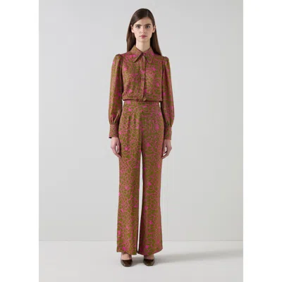 Lk Bennett Esme Olive & Magenta Peony Print Trouser In Multi