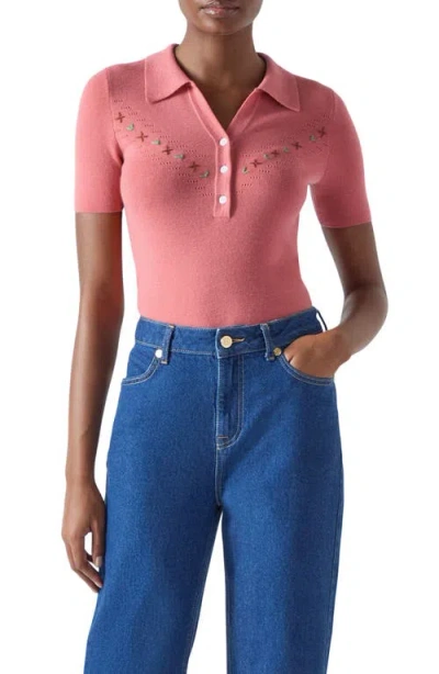 Lk Bennett Fiona Embroidered Pointelle Cotton & Wool Polo Sweater In Pink