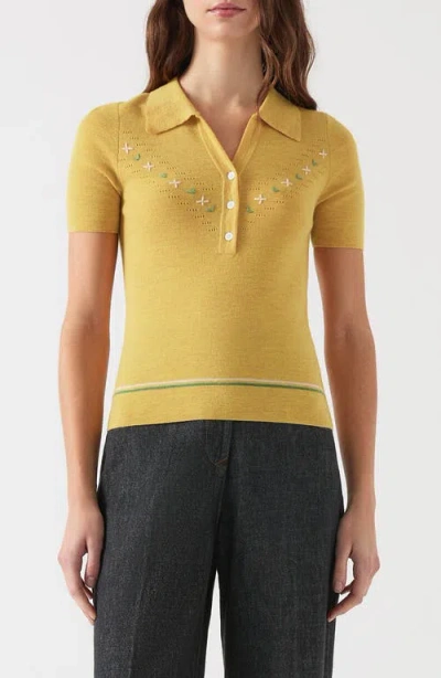 Lk Bennett Fiona Embroidered Pointelle Cotton & Wool Polo Sweater In Yellow