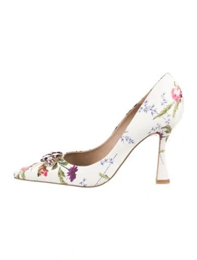 Pre-owned Lk Bennett Floral Print Beaded Accents Slingback Pumps In White