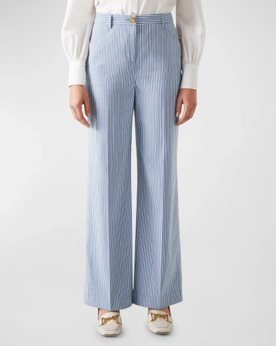 Lk Bennett Gene Stripe Wide Leg Cotton Blend Trousers In Mul-blue/white