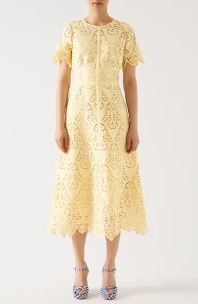 Lk Bennett Georgia Short Sleeve Embroidered Cutout Midi Dress In Yellow