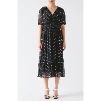 Lk Bennett Gigi Polka Dot Short Sleeve Pleated Chiffon Midi Dress In Black