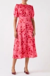 Lk Bennett Jem Puff Sleeve Hammered Satin Midi Dress In Pink