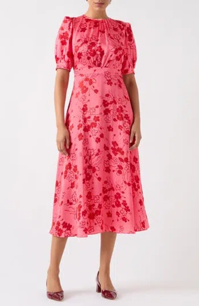 LK BENNETT LK BENNETT JEM PUFF SLEEVE HAMMERED SATIN MIDI DRESS