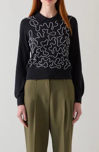 Lk Bennett Judy Embellished Cotton & Merino Wool Collared Sweater In Black Cream